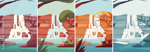 Waterfall at different times of the year. Nature landscape in portrait format.
