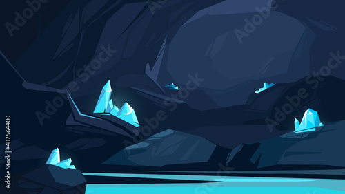 Cave with blue crystals. Beautiful underground location.