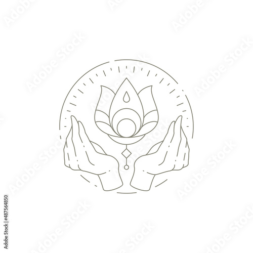 Linear magic lotus flower with praying human hands namaste at circle hand drawn frame logo vector
