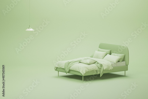 Bedroom with beb and lamp in pastel green background, monochrome single color green. Light background with copy space. 3D rendering for web page, presentation or picture background
 photo