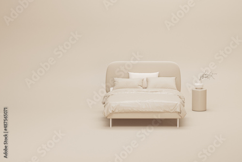 Bedroom with beb and lamp in pastel cream background, monochrome single color beige. Light background with copy space. 3D rendering for web page, presentation or picture background
 photo