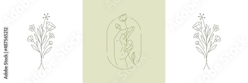 Human hands holding elegant wildflower bouquet at hand drawn circle frame line art deco pastel card