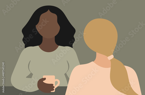 Two women having a conversation over a coffee. Relaxed lunch/coffee meeting, multiracial friendship vector illustration.