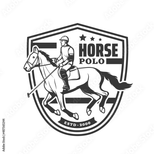 Horse polo sport with equestrian game vector player, jockey or horseback rider, mallet and ball. Horse polo club isolated heraldic shield badge with horseman and equine equipment, saddle, harness