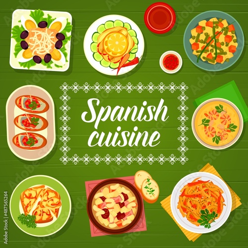 Spanish cuisine restaurant menu cover with vector frame of vegetable, meat, fish and seafood dishes. Pepper tapas, sardine toast, tuna, egg and olive salad, shrimp soup and eggplant escalivada