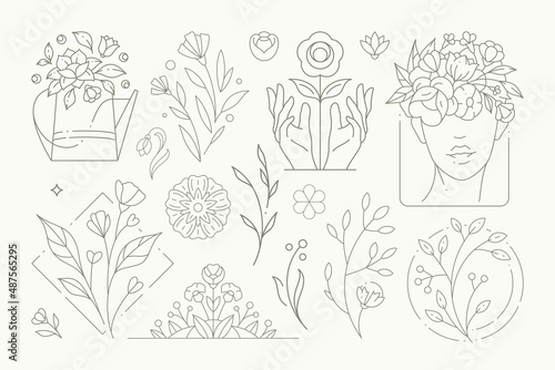 Cute line art deco monochrome logo collection floral design elements for beauty spa salon wellness