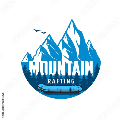 Mountain river rafting icon. Outdoor recreation and leisure in wild nature, extreme water sport vector emblem, blue icon with rafting inflatable boat on mountain river or lake and pine forest trees