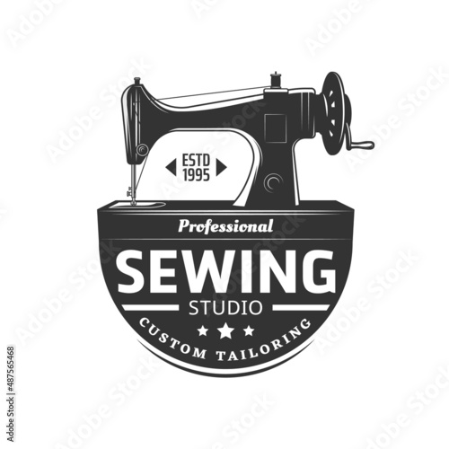 Sewing machine icon for tailoring service or seamstress atelier, vector emblem. Vintage retro sewing machine with thread and spool sigh for dressmaker or custom tailor shop and needlework workshop