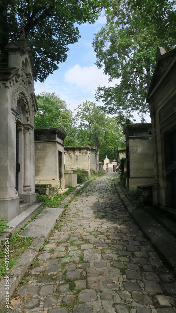 A path between memorial and gravestone on the worldfamous cementery Père Lachaise on a sunny day in Paris France 