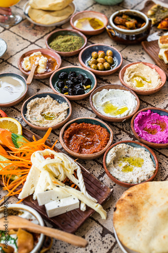 Turkish Village breakfast table served in a restaurant. Top view