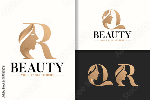 Feminine monogram logo letter Q and R with woman silhouette