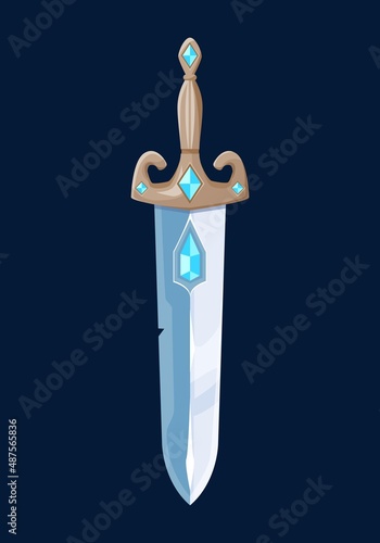 Magical cartoon sword blade with crystal. Fairytale knife, magic dagger or stiletto. Knight warrior weapon, ancient broadsword vector GUI design element with blue gems in blade and handle