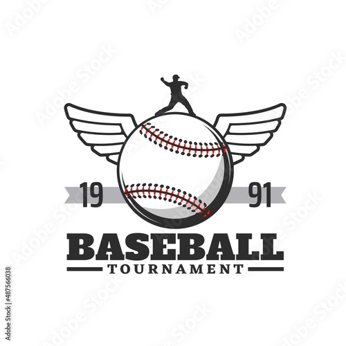 Baseball sport icon, team league tournament cup vector symbol. Baseball club badge of ball with wings and catcher or batter player and softball team or varsity fan club icon