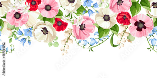 Horizontal seamless border with hanging red, pink, blue, and white poppy, bluebell, and lily of the valley flowers. Vector illustration
