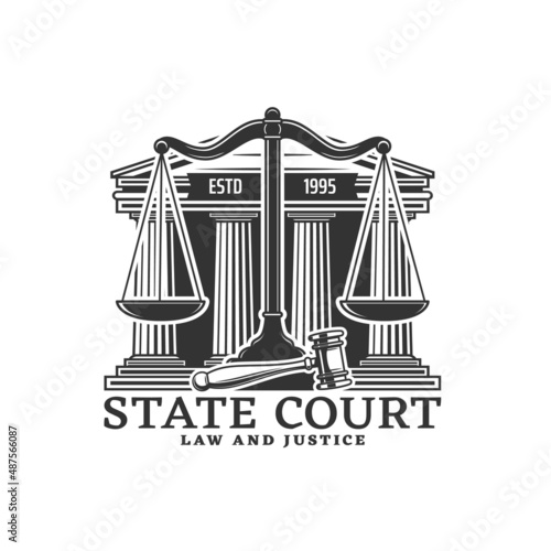 Courthouse icon with scales, court building and judge gavel. Law and jurisprudence service office monochrome sign, lawyer agency vector retro symbol, justice and law vintage emblem