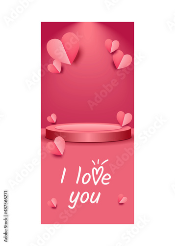 I love you! Insta story vector banner, phone wallpaper with lettering, text. Pink paper hearts on rose background. Declaration of love. Congratulations on the day of mom, dad. Happy Valentine's Day!