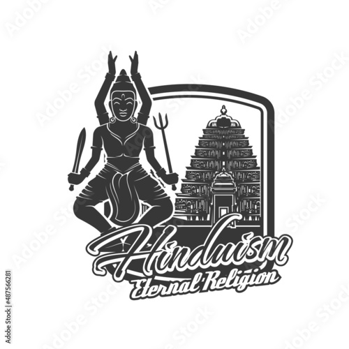 Hinduism religion vector icon. Indian God Lord Shiva with trishul, sword and ancient hindu temple. Hinduism deity of meditation, yoga, time and dance, destruction and supreme being monochrome symbol