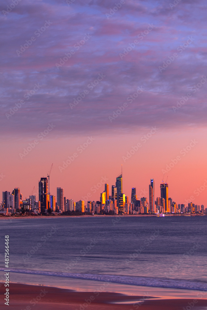 Sunset view over Surfers Paradise, view from Burleigh beach Gold Coast Australia.