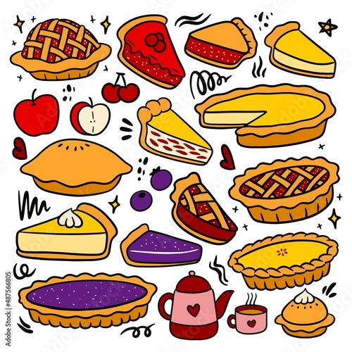 set of pie cake in doodle style vector illustration