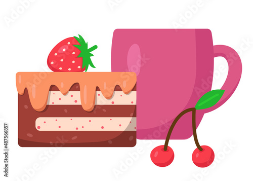 Cup with drink and piece of cake, vector illustration in cartoon flat style. Coffee, cocoa or tea cup. Cherry and strawberry. Tasty breakfast or coffee break. Print for cards, clothes, sticker