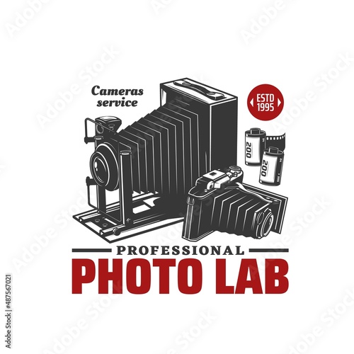 Photo lab icon or photography studio emblem with retro camera, vector. Photographer service or professional photo laboratory sign with vintage lens camera lens and film reels