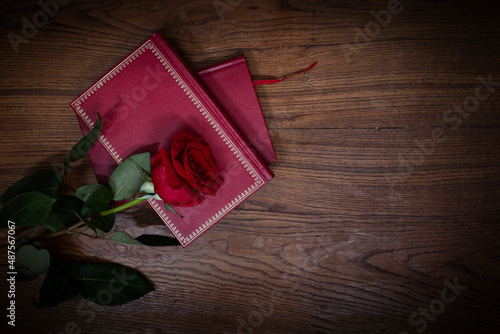 
Books and roses. Symbols of the day of the book and of San Jordi in Catalonia, Spain photo