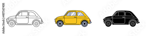 Simple icons of vintage european small car. Outline, colourful and silhouette vector illustration