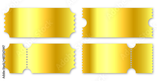 set of golden tickets. Set blank ticket template. Concert ticket, lottery coupons. Vector coupon