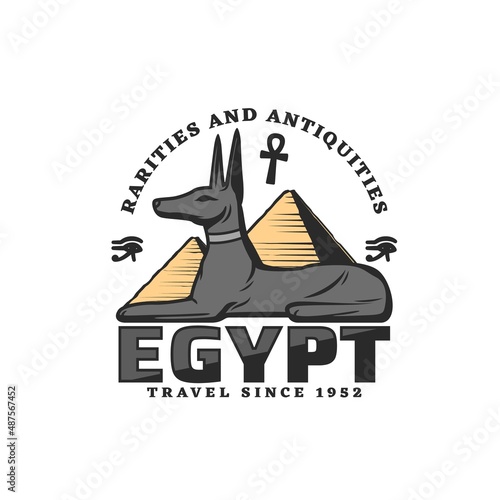 Egypt travel icon with Anubis god and pyramids. Egyptian history, culture and religion museum vector label, icon or emblem with dog statue and Giza plateau pyramids, ankh key, eye of horus symbols