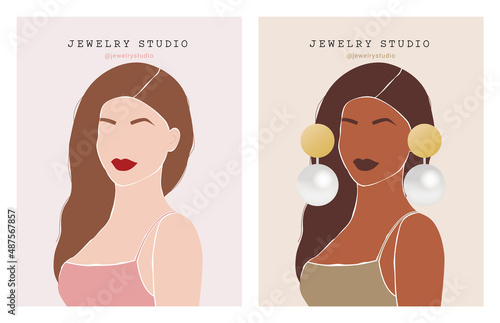 Jewelry display card template. Fashionable illustration of a woman. Earring display card, necklace display card.