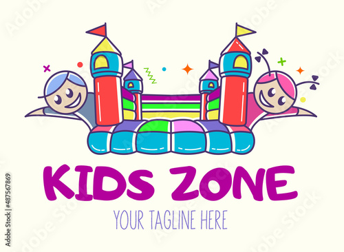 Bouncy castle cartoon logo. Kids zone concept. Children Playground sign.