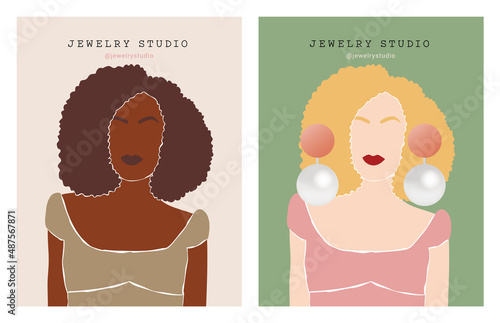 Jewelry display card template. Fashionable illustrations of women. Black woman portrait. Necklace display card, earring display card