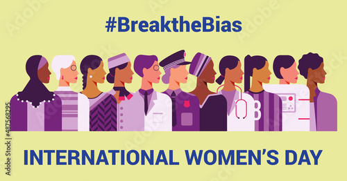 International Women’s Day. Break the bias, women empowerment, gender equality concepts. Illustration of women of diverse age, races and occupation. Vector horizontal banner.