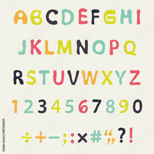 Cute colorful english alphabet hand-drawn in cartoon style for kids design, for postcard design. Multicolor font, letters in doodle style.