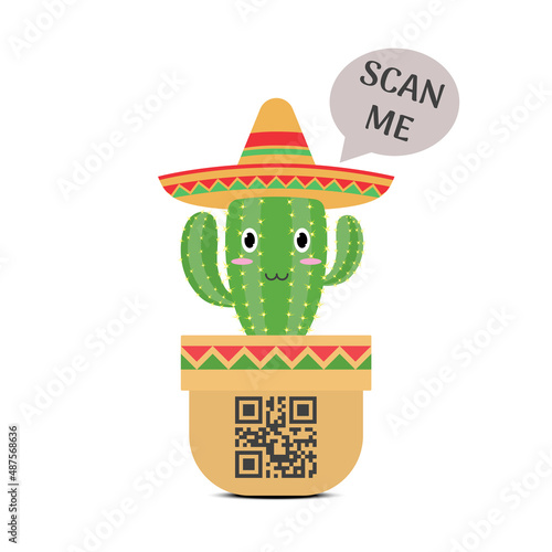Cute Mexican cactus wearing sombrero hat with lettering scan me QR code template background.