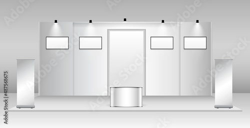 set of realistic trade exhibition stand or white blank exhibition kiosk or stand booth corporate commercial. eps vector