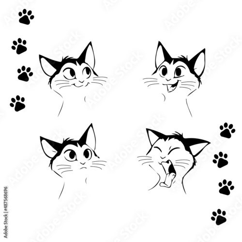 Cats with different emotions. Black and white image in vector. Funny animals.