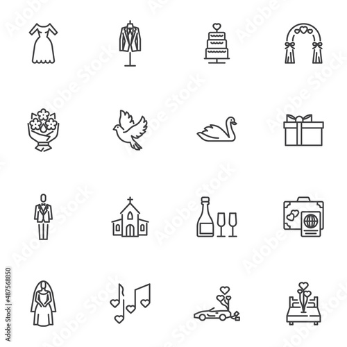 Wedding and marriage line icons set