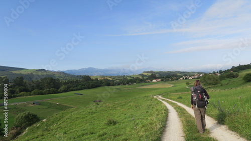 A sandy offroad path on the saint james way between fresh green meadows to the mountains Picos de Europa in Cantabria in north spain