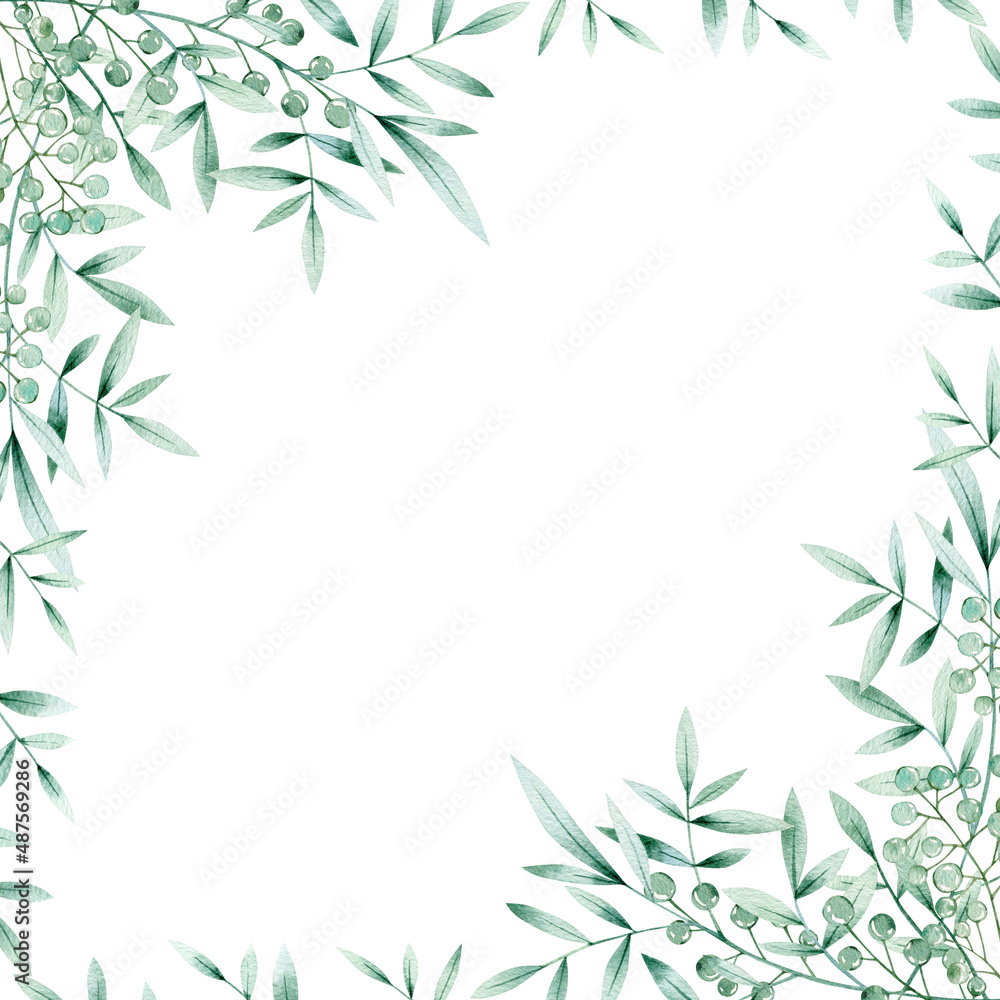 Watercolor illustration card green leaves and berries frame. Isolated on white background. Hand drawn clipart. Perfect for card, postcard, tags, invitation, printing, wrapping. Watercolor illustration card green leaves and berries frame. Isolated on white background. Hand drawn clipart. Perfect for card, postcard, tags, invitation, printing, wrapping.