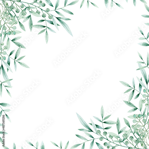 Fototapeta Naklejka Na Ścianę i Meble -  Watercolor illustration card green leaves and berries frame. Isolated on white background. Hand drawn clipart. Perfect for card, postcard, tags, invitation, printing, wrapping.