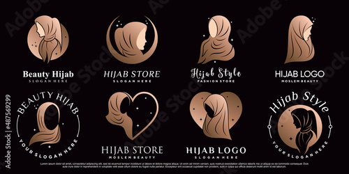Set of hijab beauty logo design template with woman face and unique concept Premium Vector