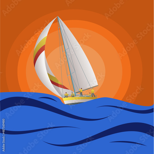 A sailing boat floating on the waves against the background of the sun and rays.