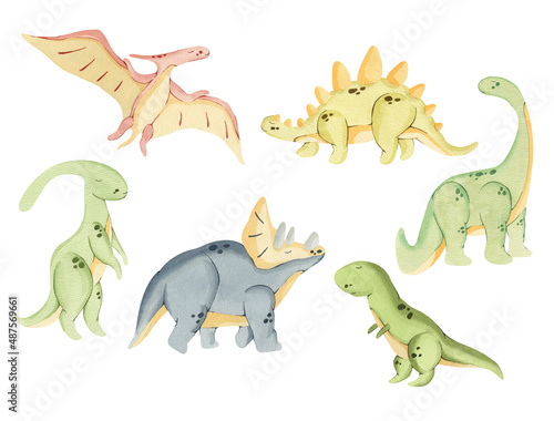 Fototapeta Naklejka Na Ścianę i Meble -  Adult dinosaurs watercolor illustrations for nursery, baby shower, invitations
