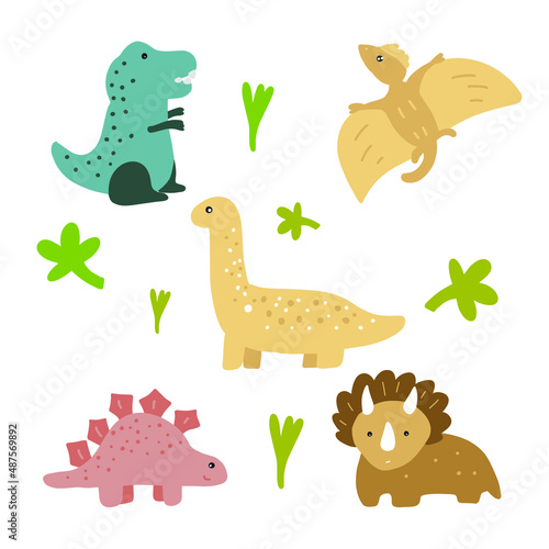 Cute dino characters set. Jurassic cartoon dinosaurs vector illustration. Brontosaurus, tyrannosaurus, t rex, stegosaurus, pterodactyl, diplodocus