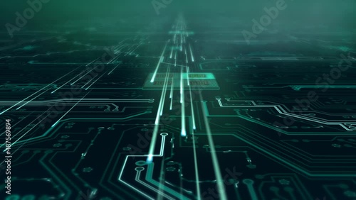 Data stream over a circuit board - 5g high-speed connection - information highway -  abstract green background.