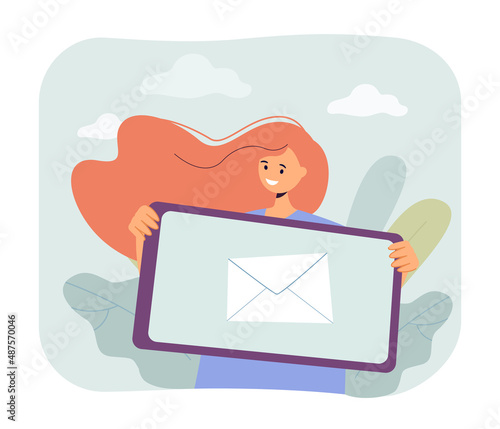Girl holding table with envelope symbol flat vector illustration. Female person getting new message from friends or family. Communication concept for banner, website design or landing web page