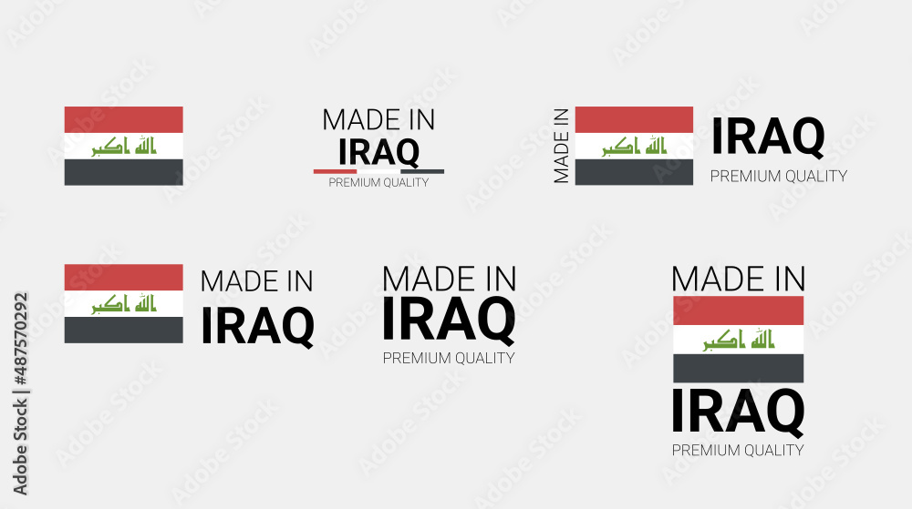 Obraz premium Vector set of made in Iraq labels, made in the Iraq logo, Iraq flag, product emblem, made in Iraq badges, premium quality, patriot proud label stamp, vector illustration, Rectangle