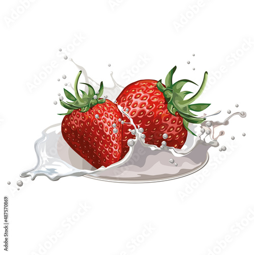 Ripe strawberry fruits in milk liquid.