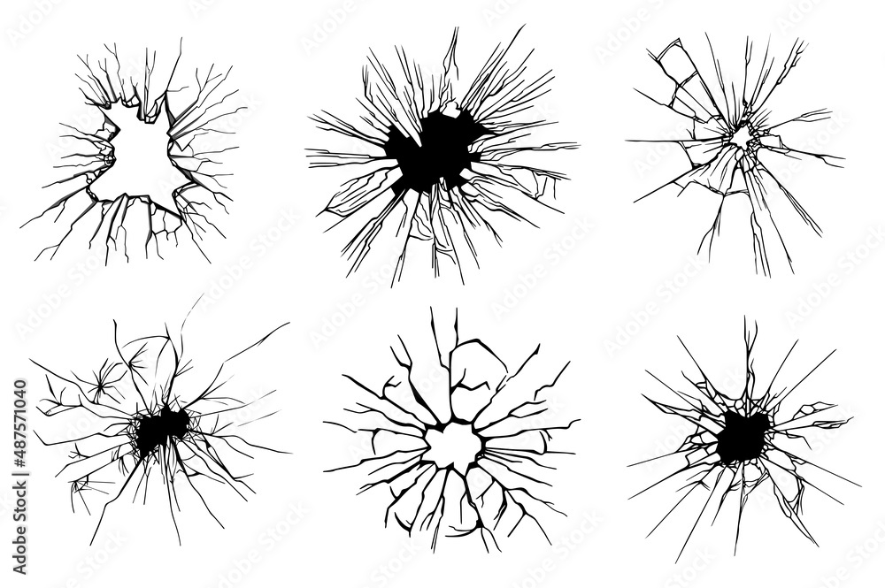 Broken glass stamp set isolated elements. Bundle of cracked mirror effect, crushed glass with bullet hole, broken surface with cracks, grunge texture. Vector illustration in flat cartoon design.